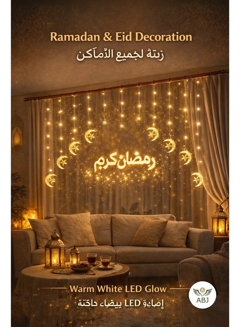 ABJ Ramadan Eid Moon and Star Curtain Lights, 3 Meter Warm White LED Fairy Lights with Ramadan Kareem Sign, 136 LEDs, 8 Lighting Modes, 3 Pin Plug, Indoor Decorative Lights for Ramadan, String Light - Image 2